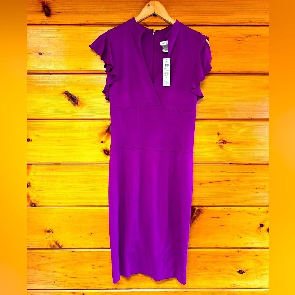 $148 NWT CACHE V Neck Cocktail Flutter Sleeves purple Vintage Midi Dress 8